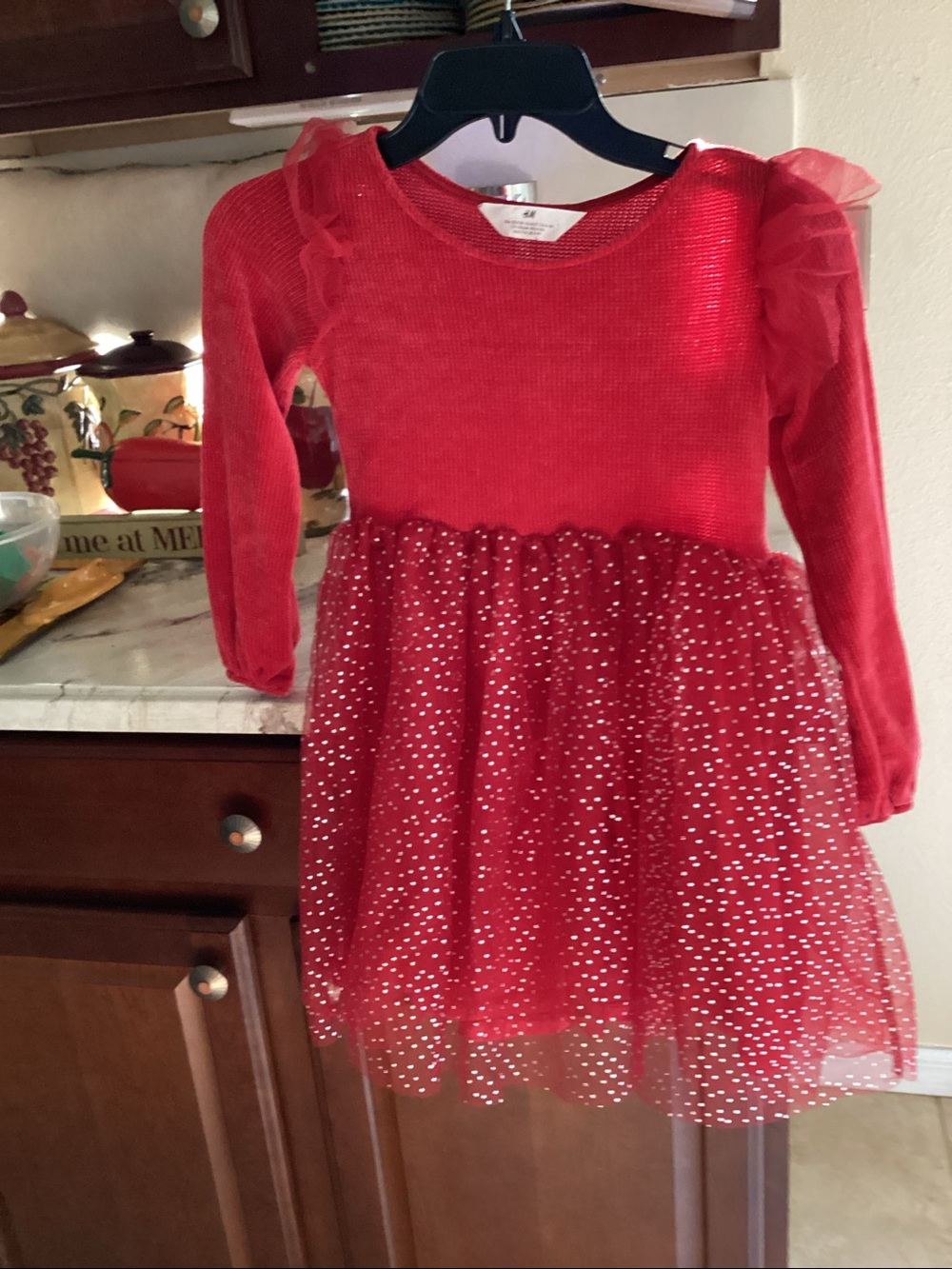 H&M Red Long-Sleeve Sparkle Tulle Dress